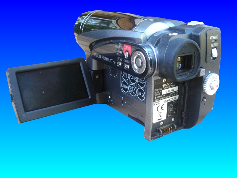 An Hitachi DZ-HS500E camcorder in for recovery of video from the hard disk drive. The camera is shown with it's viewfinder panel open against a blue background.