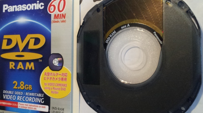 A Panasonic DVD-RAM disc shown with its jewel case cover. The disc is double sided 60 minutes 2.8GB and was used on a camcorder to record films. The disc was sent to us to recover the videos.