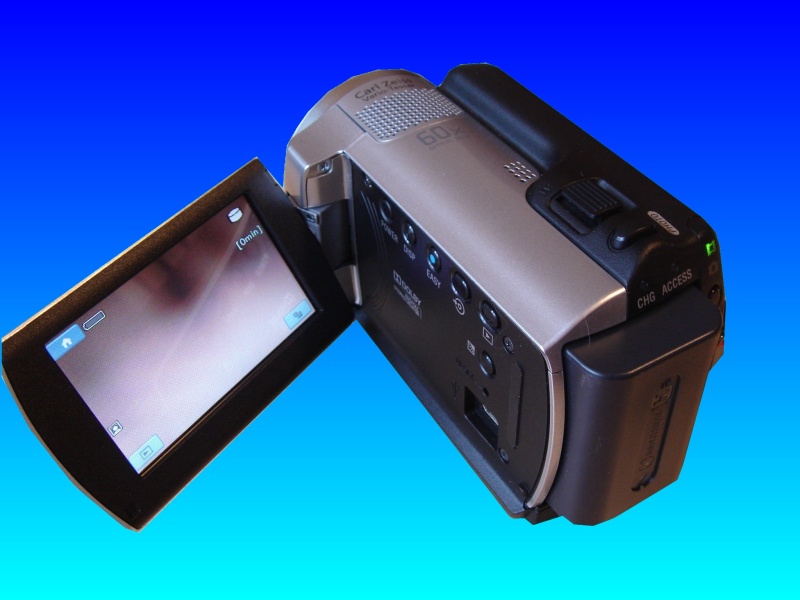 A Sony DCR-SR37E handycam with the lcd display screen open and showing the video being recorded. This camera had the thumbnail images lost while trying to playback the video clips.