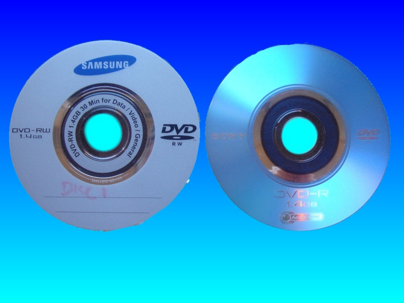 A Samsung DVD-RW and Sony DVD-R disk with their labels showing. The discs had been reformatted by accident and then sent to us to recover the video data.