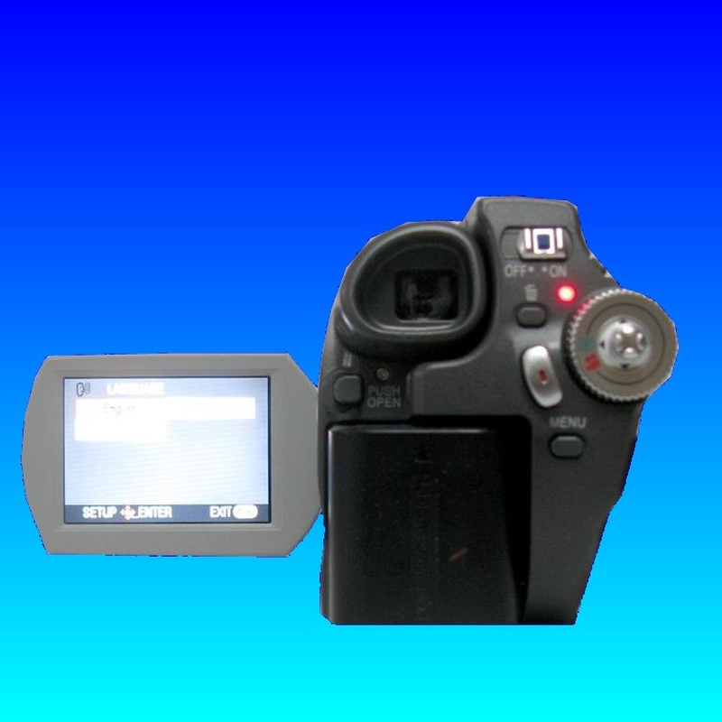 A mini dvd camcorder shown with it's lcd screen display open. When dropped Panasonic cameras have reported trouble with corrupt data and that the camera will attempt to repair the video disk. Afterwards the disk is not recognised and won't playback footage or movies.
