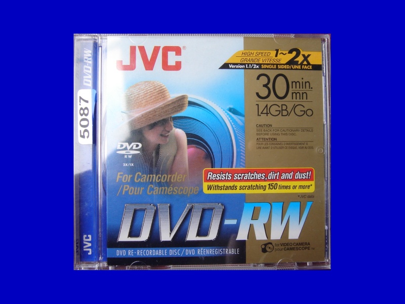 A DVD-RW disk made by JVC that would not finalize in the camera and needed the video recovering. The disc is still in it's case.
