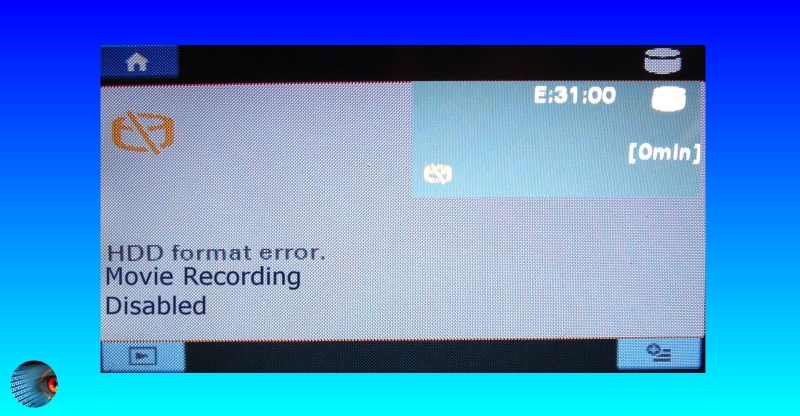 Sony HDD Camera playback screenshot. Camcorder displaying the E3100 HDD format error message code. 0 minutes (0 min) are also showing on the hard disk drive time remaining.