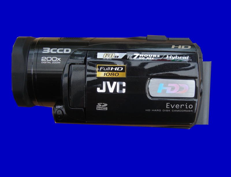 A JVC Everio with HDD error on the screen. This camera had model number GX-HD3EK and could not access the video clips for playback.