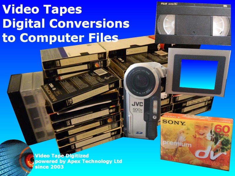 We transfer or convert VHS, VHS-C, and MiniDV Video Cassette Tapes to DVD, mpeg4 mp4 avi computer, smart phones, laptops iPad iPhone smart phone mobile phone