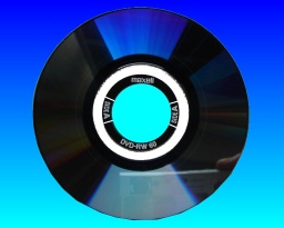 A Maxell DVD-RW that was from a Sony Handycam (DCR-DVD110E). The disc is shown against a blue background with the recording layer visible. The disc is 8cm in diameter. 